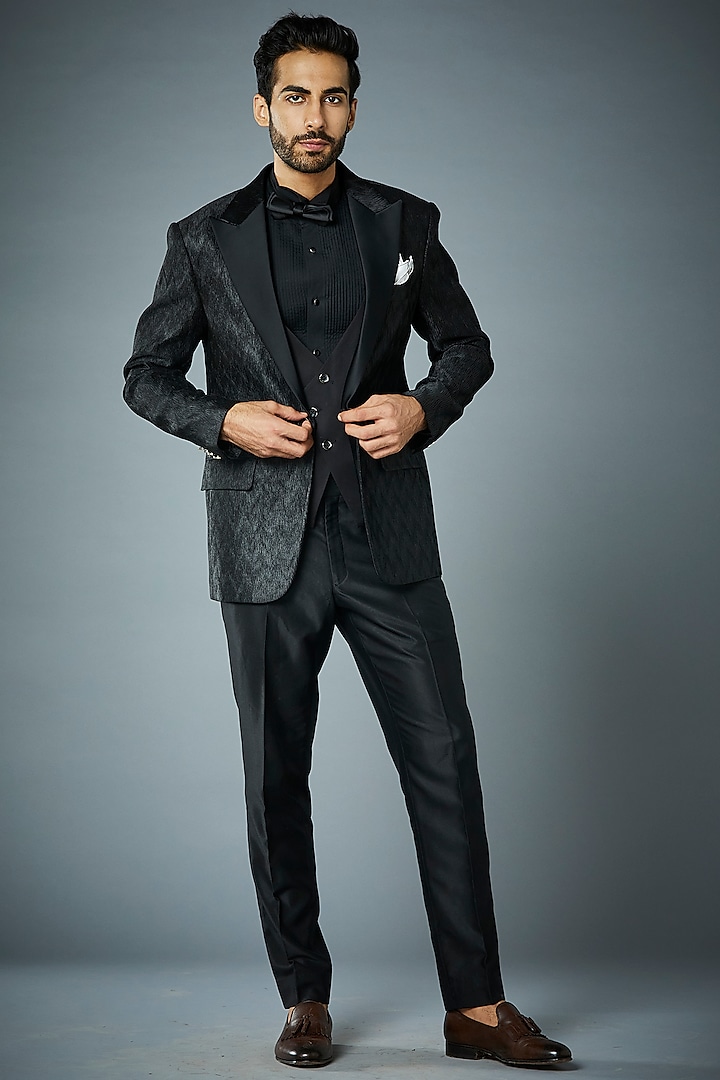 Black Crinkled Polyester Tuxedo Set by Gargee Designers