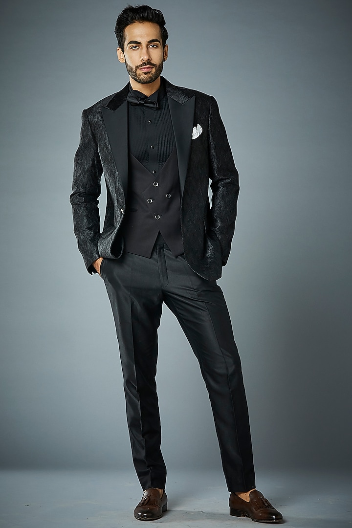 Black Crinkled Polyester Tuxedo Set by Gargee Designers at Pernia's Pop Up Shop
