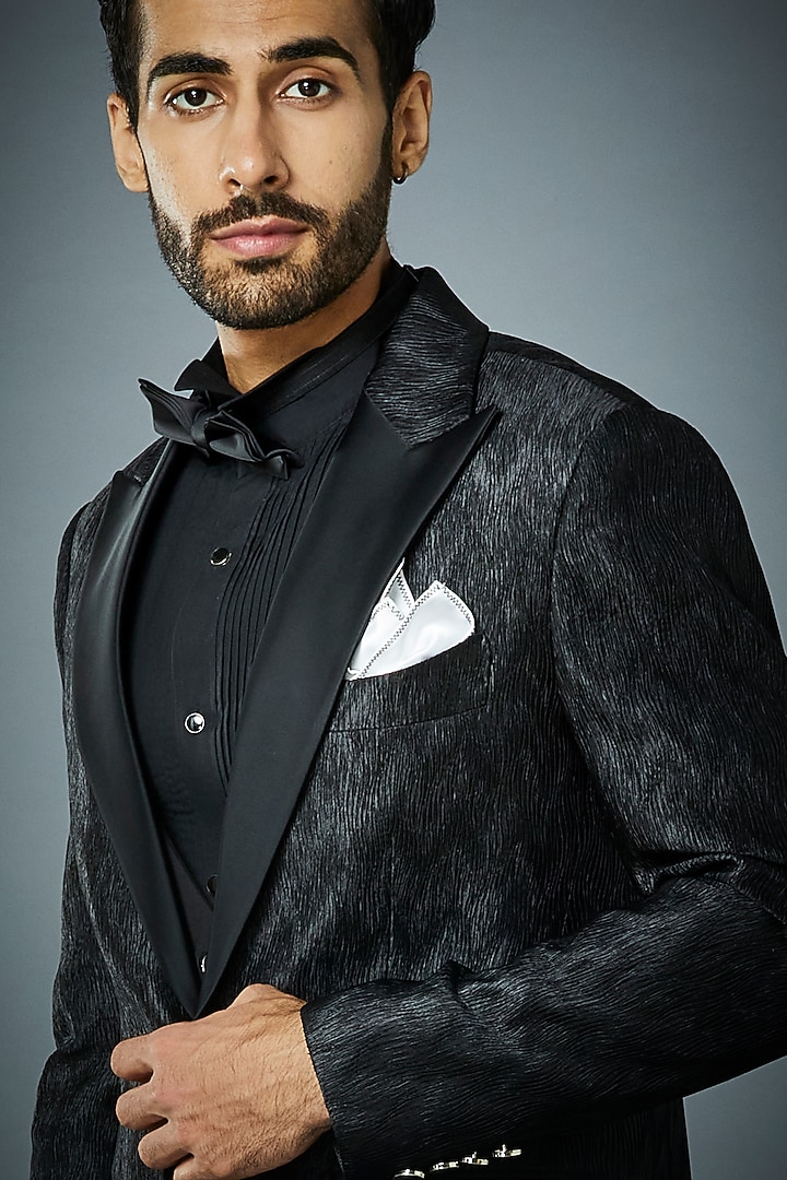Black Crinkled Polyester Tuxedo Set by Gargee Designers at Pernia's Pop Up Shop