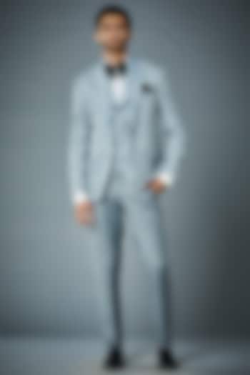 Ice Blue & Grey Polyester Textured Tuxedo Set by Gargee Designers