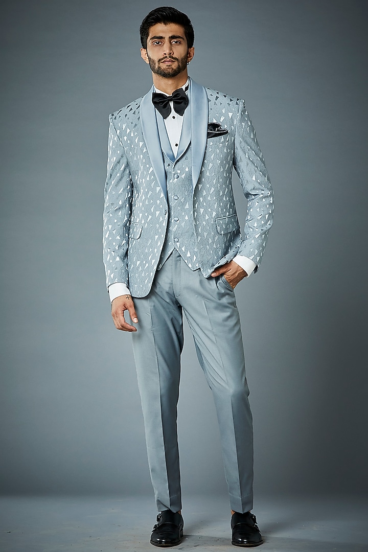 Ice Blue & Grey Polyester Textured Tuxedo Set by Gargee Designers