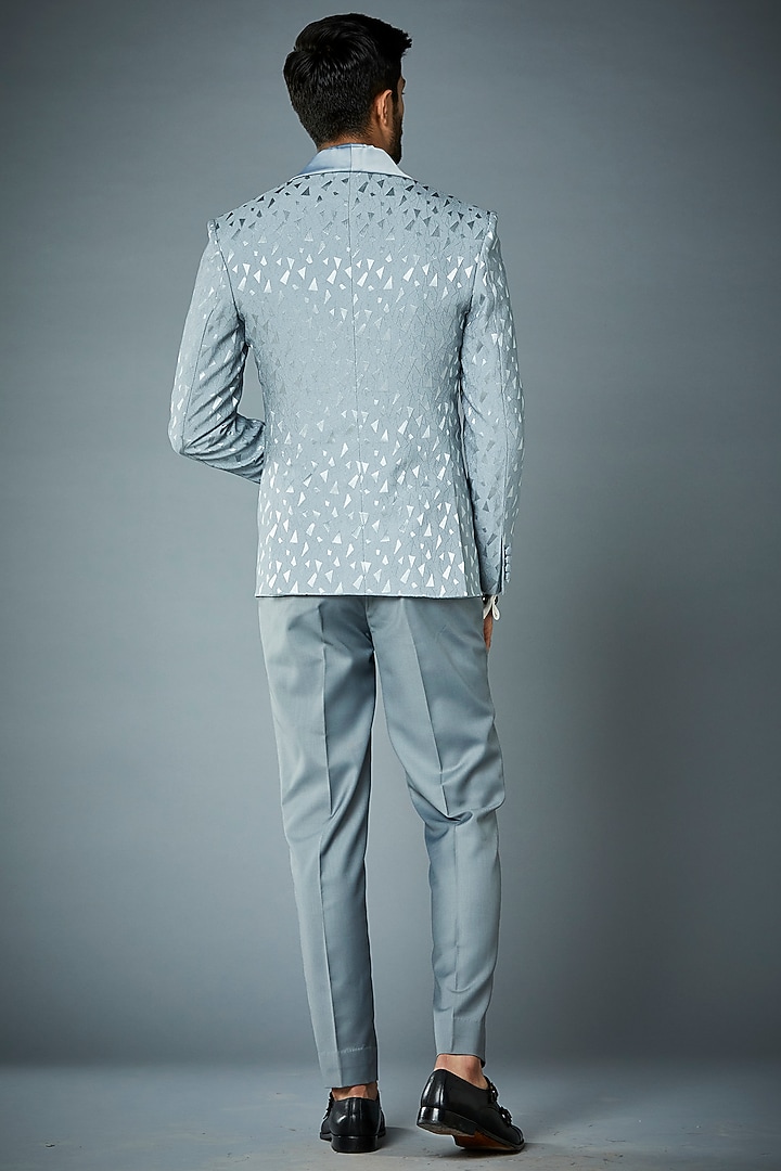 Ice Blue & Grey Polyester Textured Tuxedo Set by Gargee Designers at Pernia's Pop Up Shop