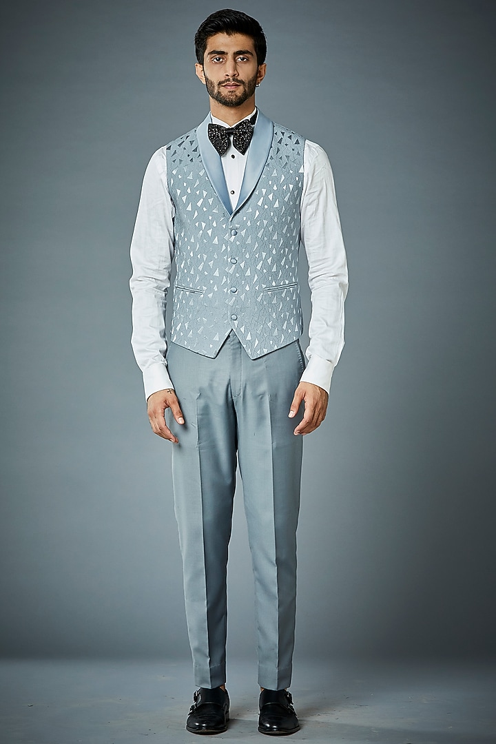 Ice Blue & Grey Polyester Textured Tuxedo Set by Gargee Designers at Pernia's Pop Up Shop