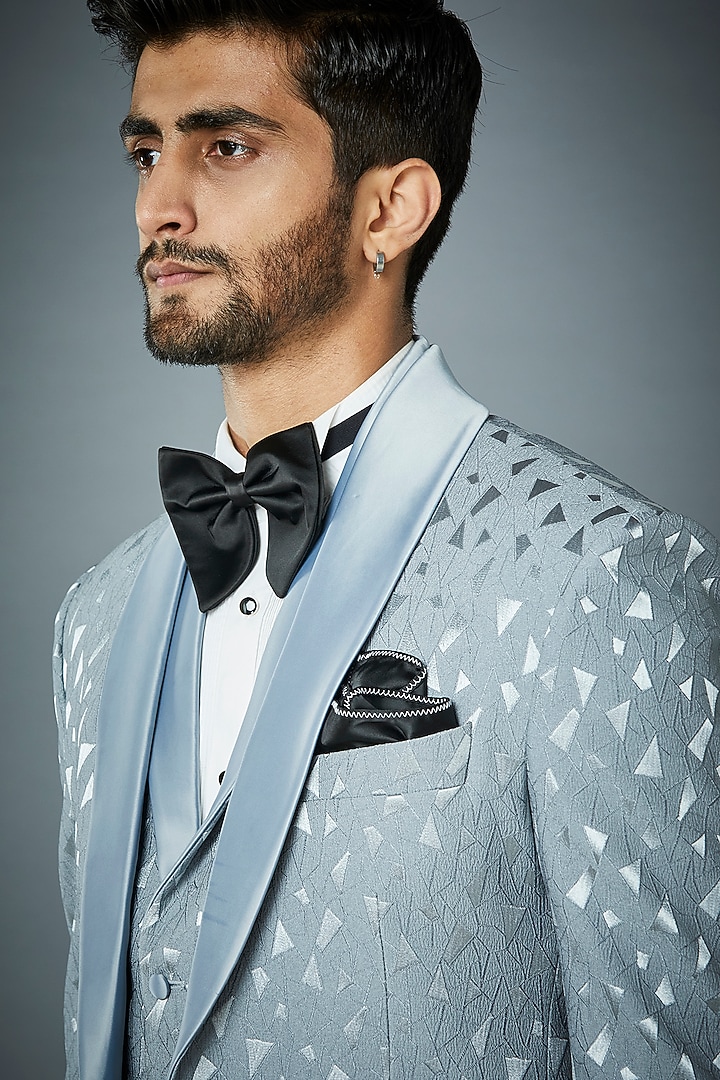 Ice Blue & Grey Polyester Textured Tuxedo Set by Gargee Designers at Pernia's Pop Up Shop