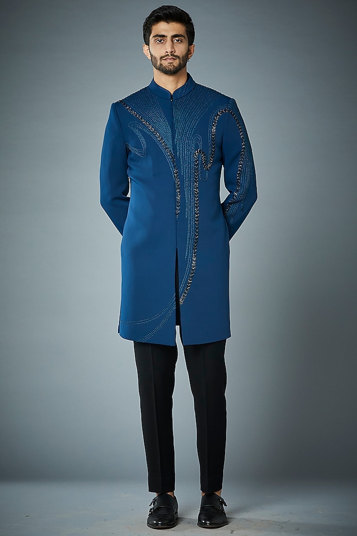Teal Blue Embroidered Indo Western Jacket Set by Gargee Designers