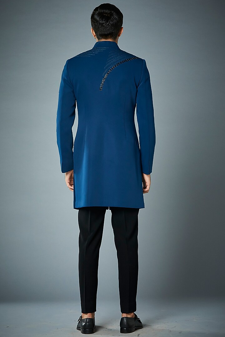 Teal Blue Embroidered Indo Western Jacket Set by Gargee Designers at Pernia's Pop Up Shop