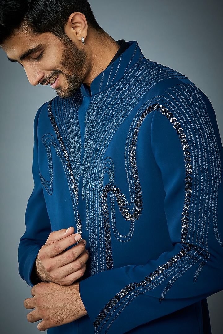 Teal Blue Embroidered Indo Western Jacket Set by Gargee Designers at Pernia's Pop Up Shop