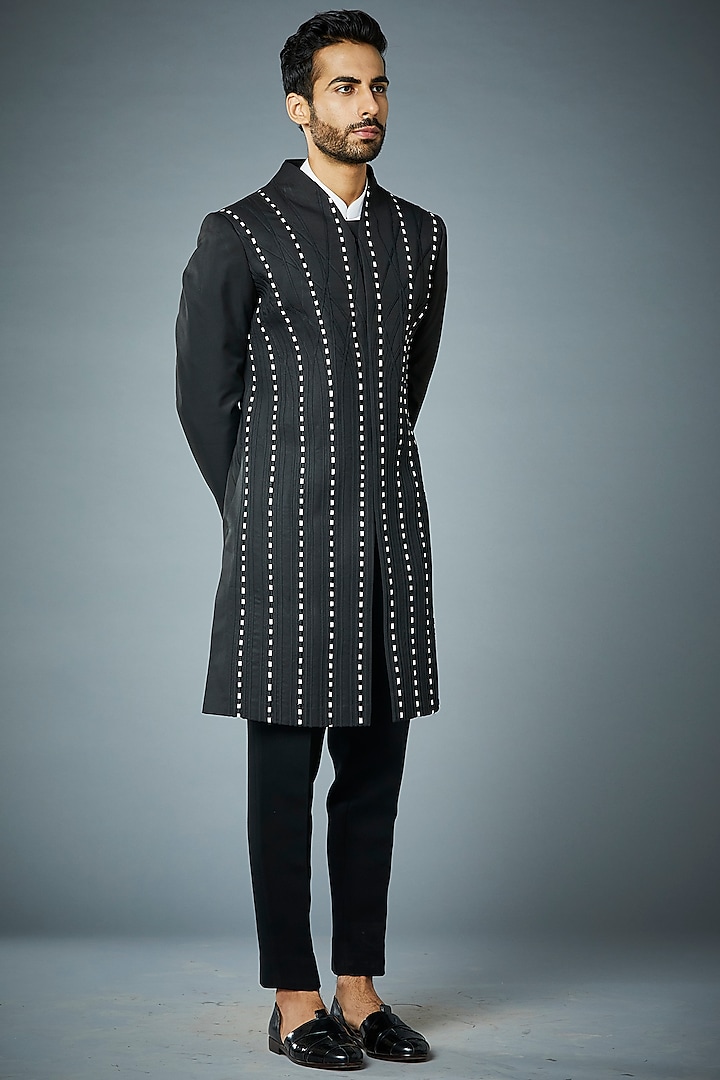 Black Embroidered Indo Western Jacket Set by Gargee Designers