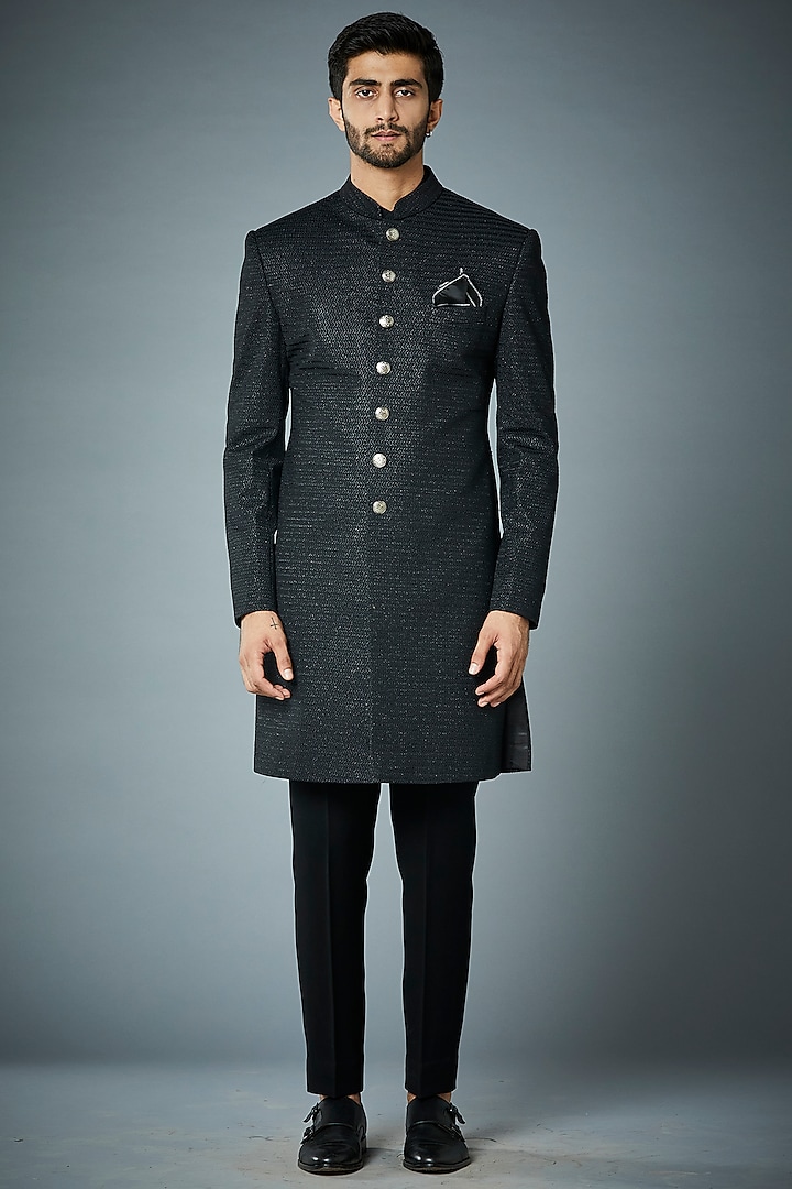 Black Textured Polyester Sherwani Set by Gargee Designers
