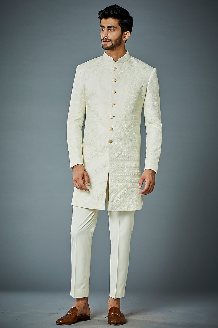 Off-White Quilted IndoWestern Jacket Set by Gargee Designers