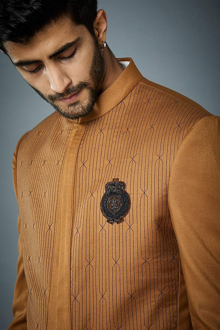 Mustard & Gold Polyester Wedding Bandhgala Jacket Set by Gargee Designers at Pernia's Pop Up Shop