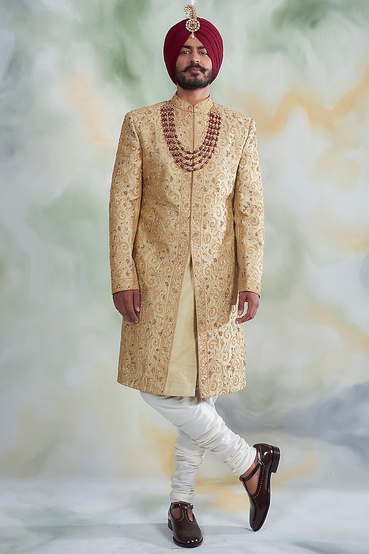 Golden Embroidered Groom Sherwani Set by Gargee Designers at Pernia's Pop Up Shop