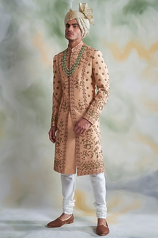 Peach Embroidered Sherwani Set by Gargee Designers