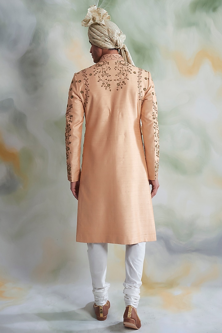 Peach Embroidered Groom Sherwani Set by Gargee Designers at Pernia's Pop Up Shop