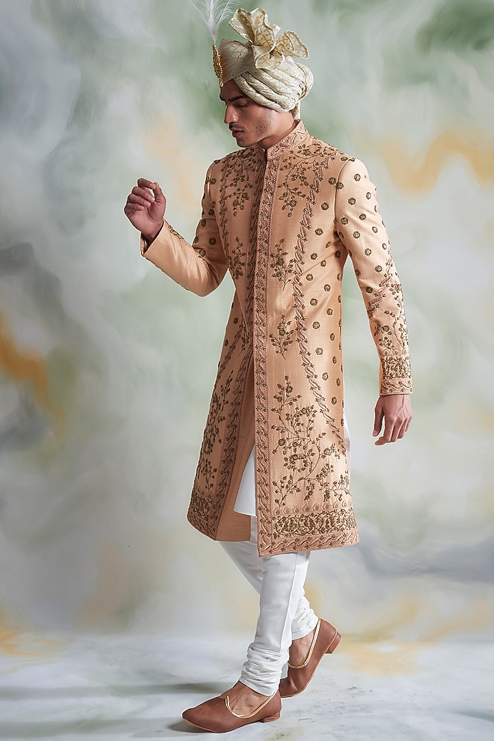 Peach Embroidered Groom Sherwani Set by Gargee Designers at Pernia's Pop Up Shop