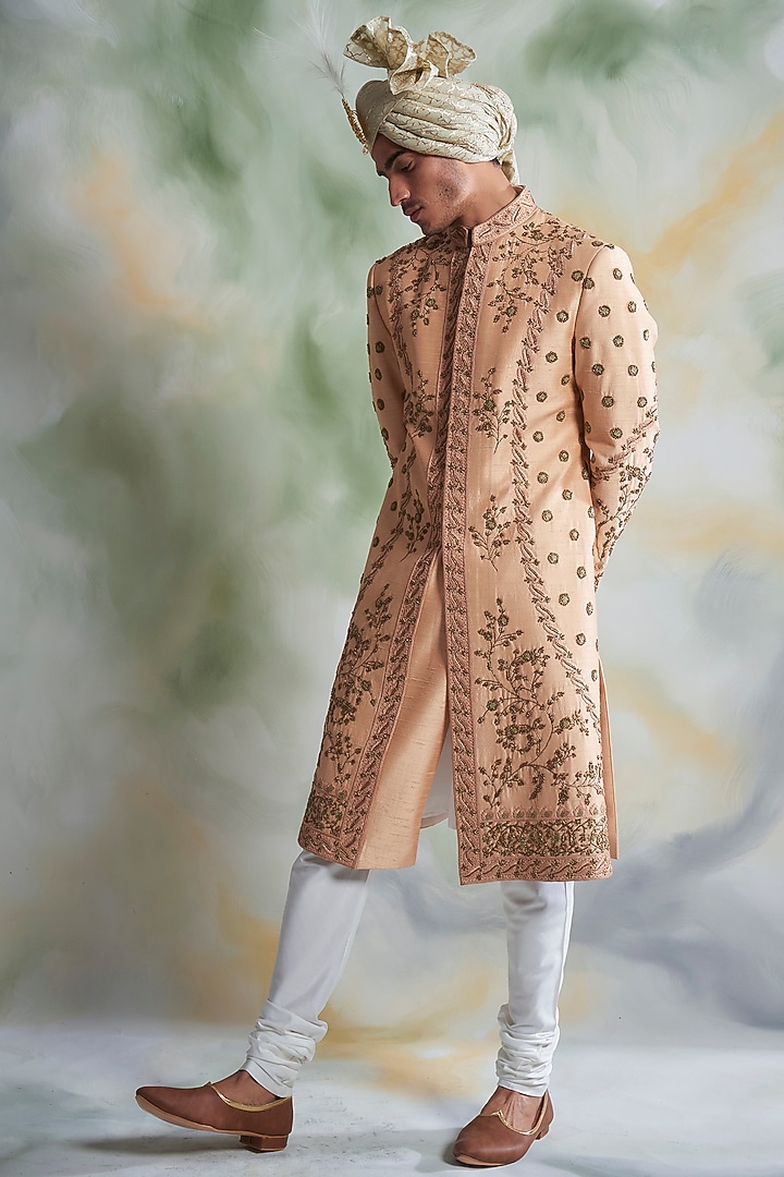 Peach Embroidered Groom Sherwani Set by Gargee Designers at Pernia's Pop Up Shop
