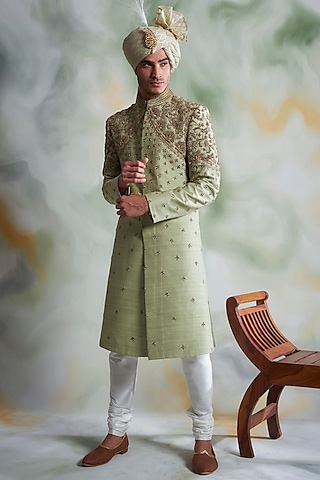 Mint Raw Silk Sherwani Set by Gargee Designers