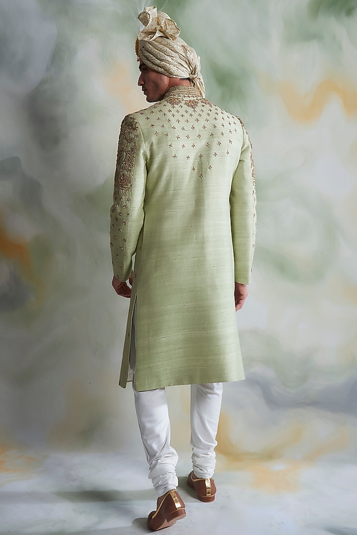 Mint Raw Silk Groom Sherwani Set by Gargee Designers at Pernia's Pop Up Shop