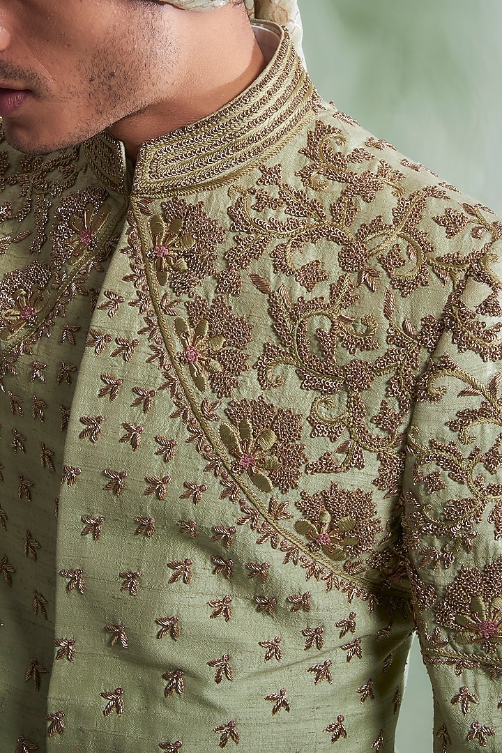 Mint Raw Silk Groom Sherwani Set by Gargee Designers at Pernia's Pop Up Shop