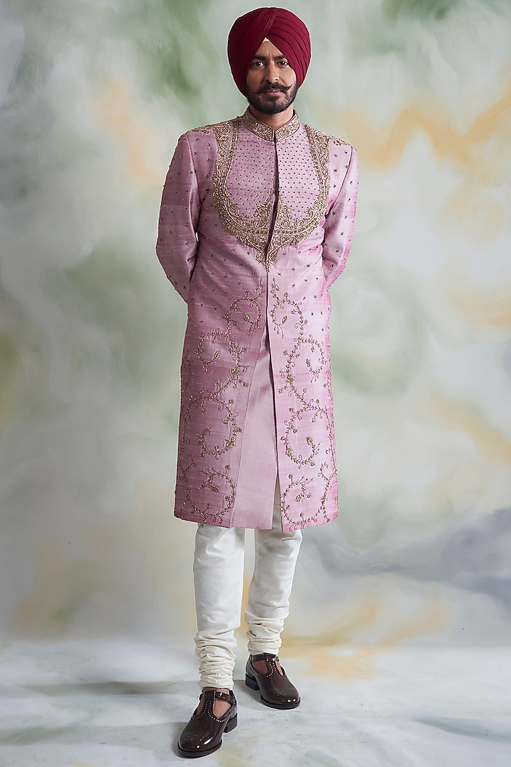 Onion Pink Embroidered Groom Sherwani Set by Gargee Designers at Pernia's Pop Up Shop