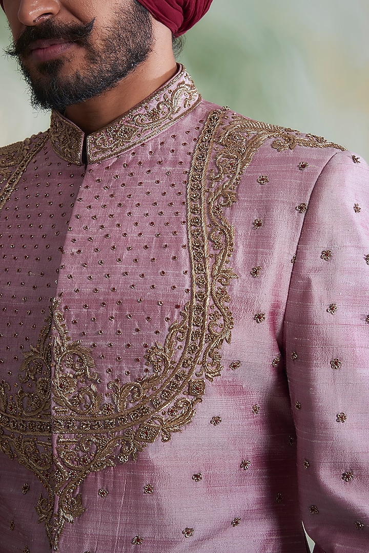Onion Pink Embroidered Groom Sherwani Set by Gargee Designers at Pernia's Pop Up Shop