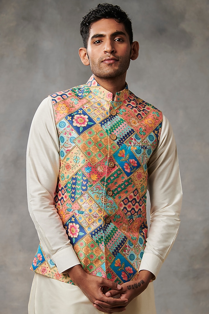 Multi-Colored Embroidered & Printed Bundi Jacket with Kurta Set by Gargee Designers at Pernia's Pop Up Shop