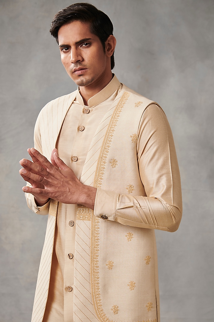 Ivory Slub Silk Embroidered Wedding Indowestern Set by Gargee Designers at Pernia's Pop Up Shop