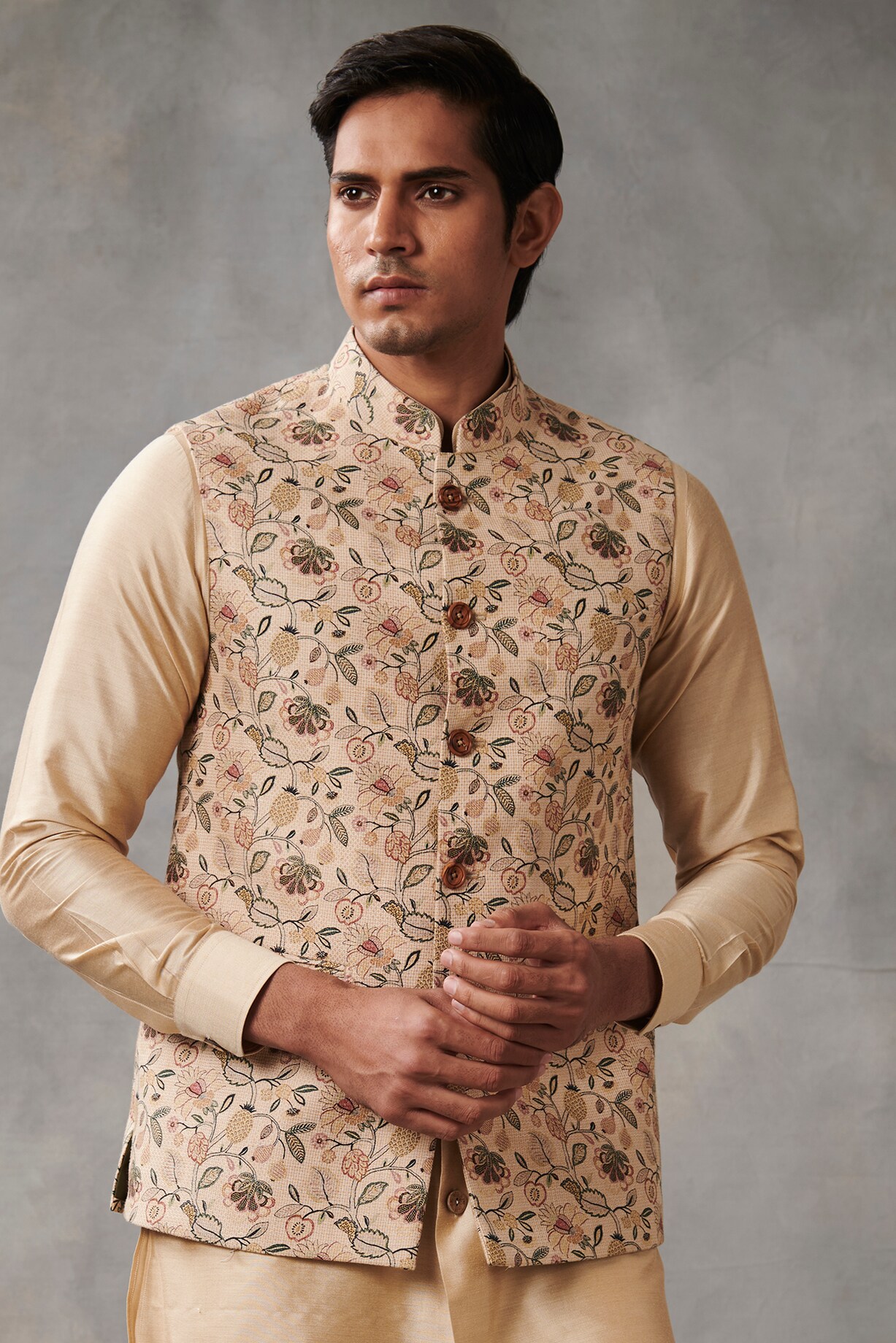 Beige Bundi Jacket Kurta Churidar