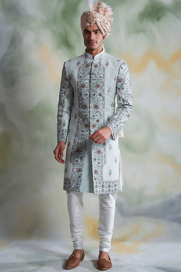 Ice Blue Embroidered Sherwani Set by Gargee Designers