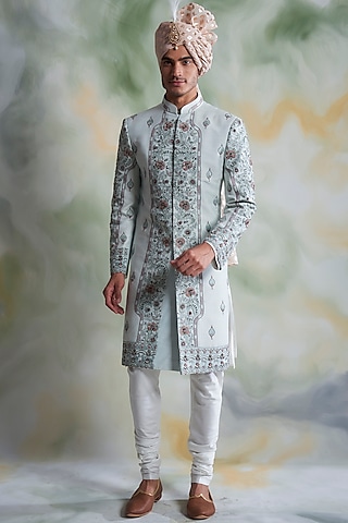 Ice Blue Embroidered Sherwani Set by Gargee Designers