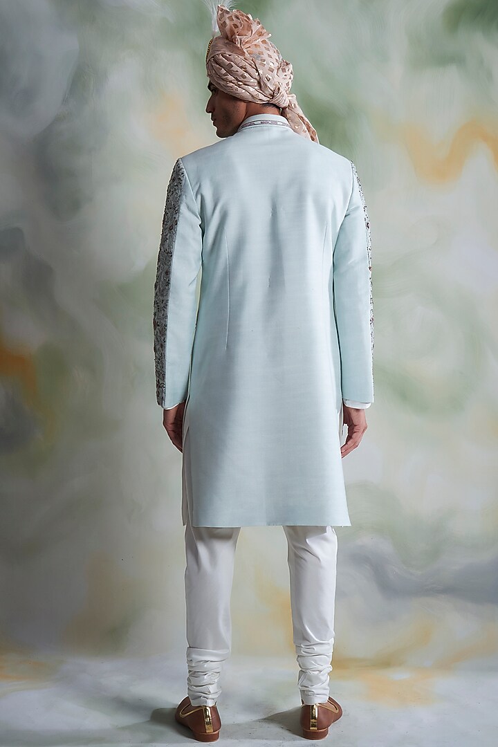 Ice Blue Embroidered Groom Sherwani Set by Gargee Designers at Pernia's Pop Up Shop