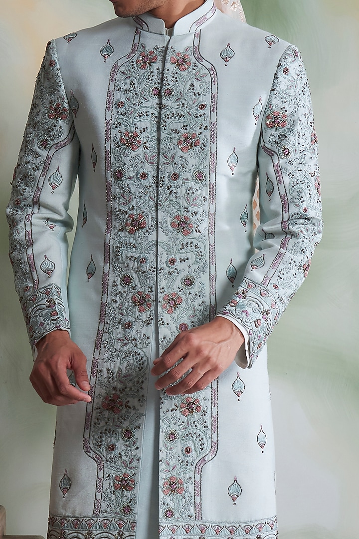 Ice Blue Embroidered Groom Sherwani Set by Gargee Designers at Pernia's Pop Up Shop