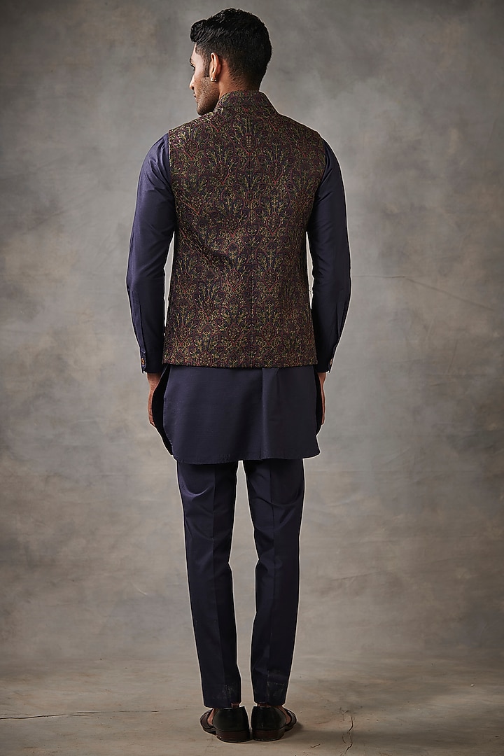 Midnight Blue Machine Embroidered Bundi Jacket With Kurta Set by Gargee Designers at Pernia's Pop Up Shop