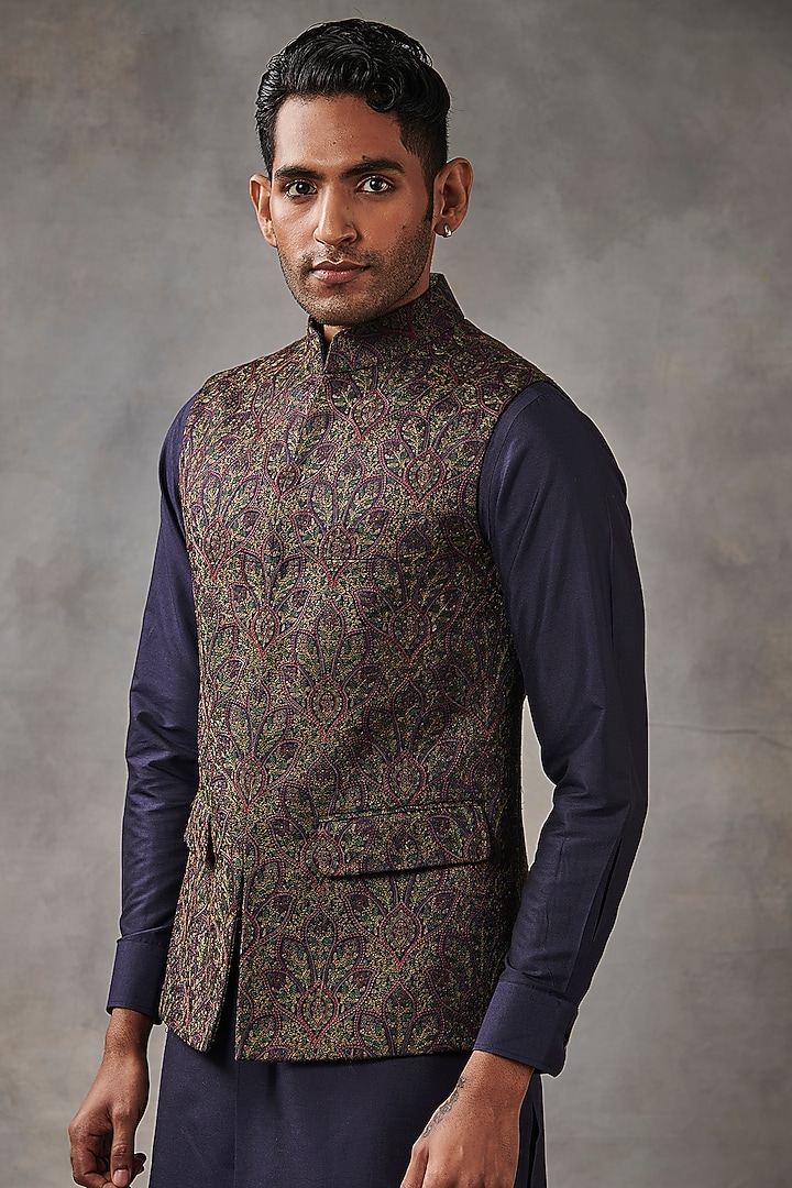 Midnight Blue Machine Embroidered Bundi Jacket With Kurta Set by Gargee Designers at Pernia's Pop Up Shop