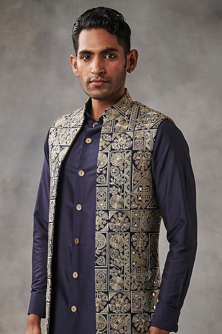 Navy Blue Embroidered Indowestern Set by Gargee Designers at Pernia's Pop Up Shop