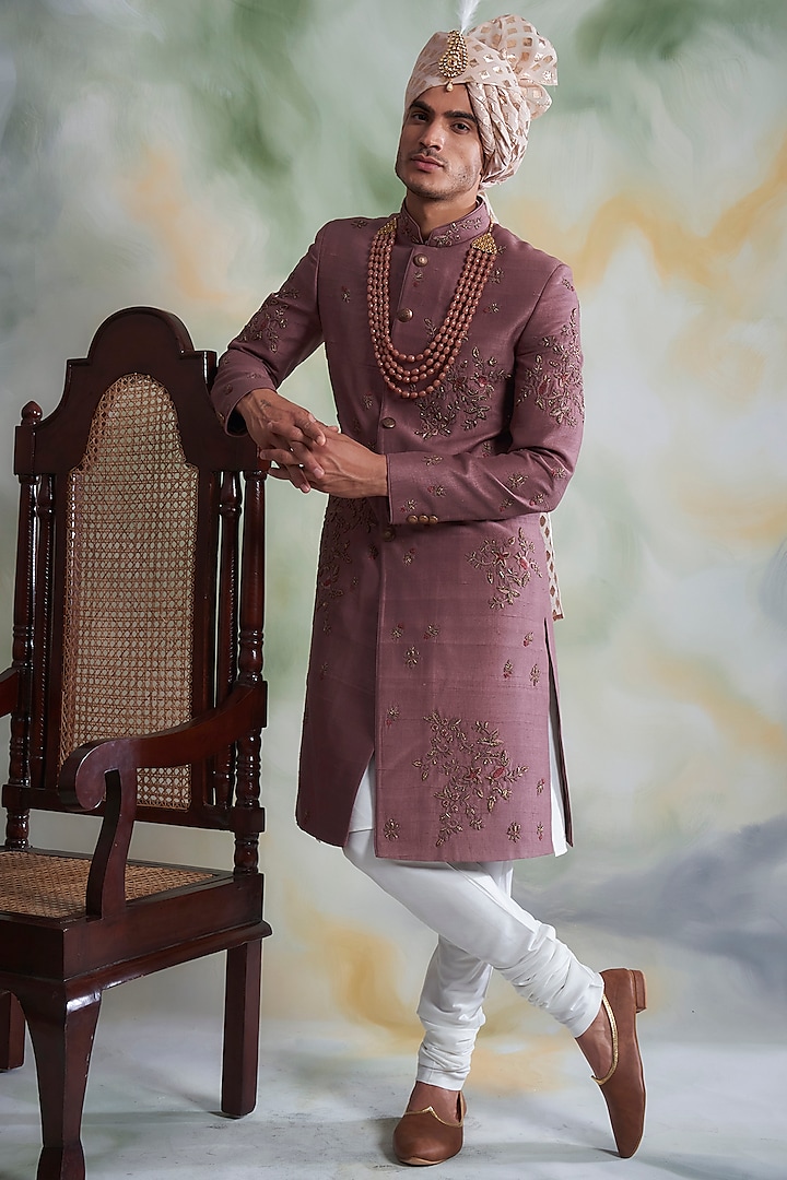 Dusty Pink Embroidered Sherwani Set by Gargee Designers