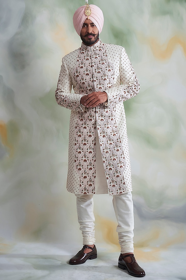 Ivory Raw Silk Sherwani Set by Gargee Designers