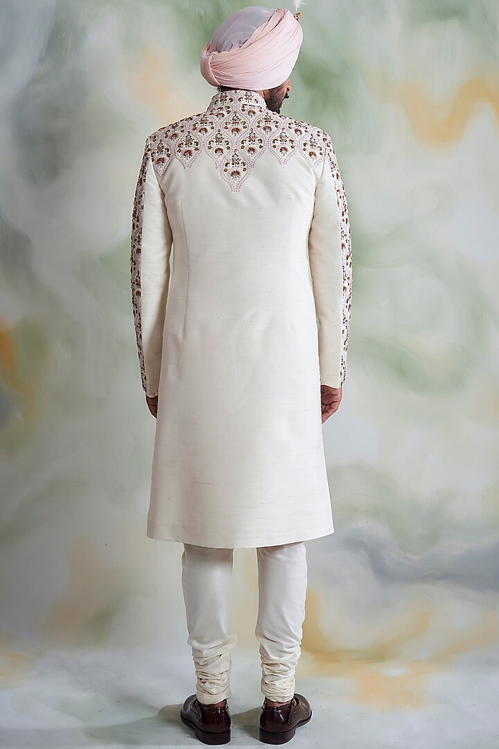 Ivory Raw Silk Groom Sherwani Set by Gargee Designers at Pernia's Pop Up Shop