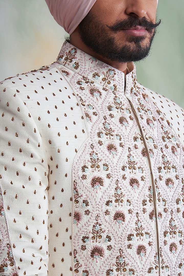 Ivory Raw Silk Groom Sherwani Set by Gargee Designers at Pernia's Pop Up Shop