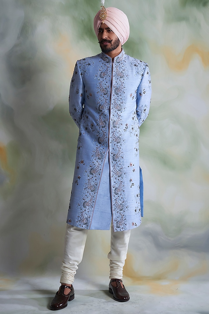 Sky Blue Embroidered Sherwani Set by Gargee Designers