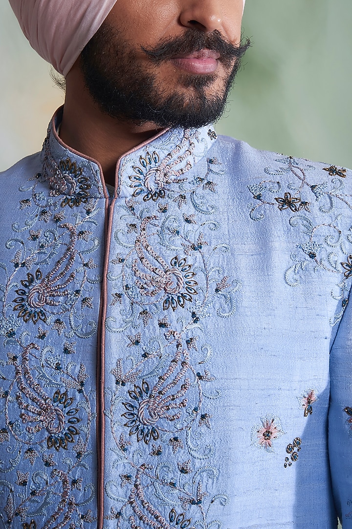 Sky Blue Embroidered Groom Sherwani Set by Gargee Designers at Pernia's Pop Up Shop