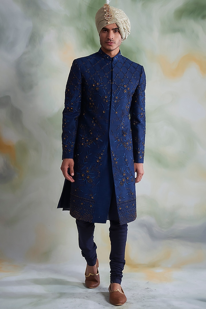 Navy Blue Embroidered Sherwani Set by Gargee Designers