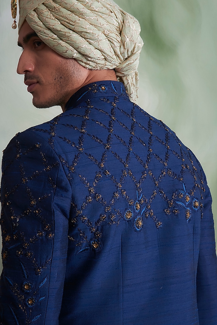 Navy Blue Embroidered Groom Sherwani Set by Gargee Designers at Pernia's Pop Up Shop