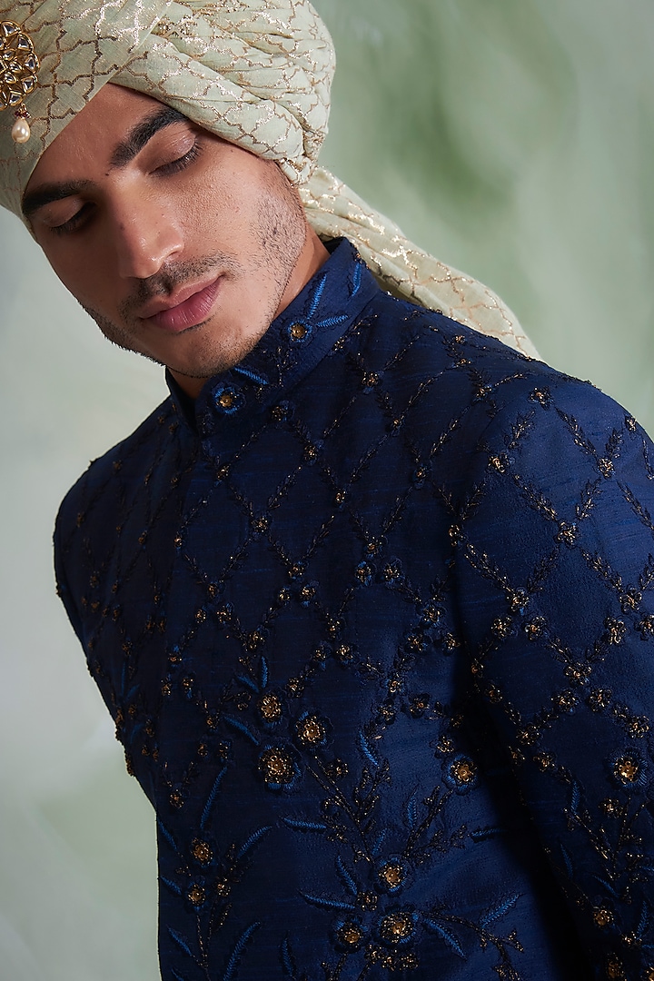 Navy Blue Embroidered Groom Sherwani Set by Gargee Designers at Pernia's Pop Up Shop