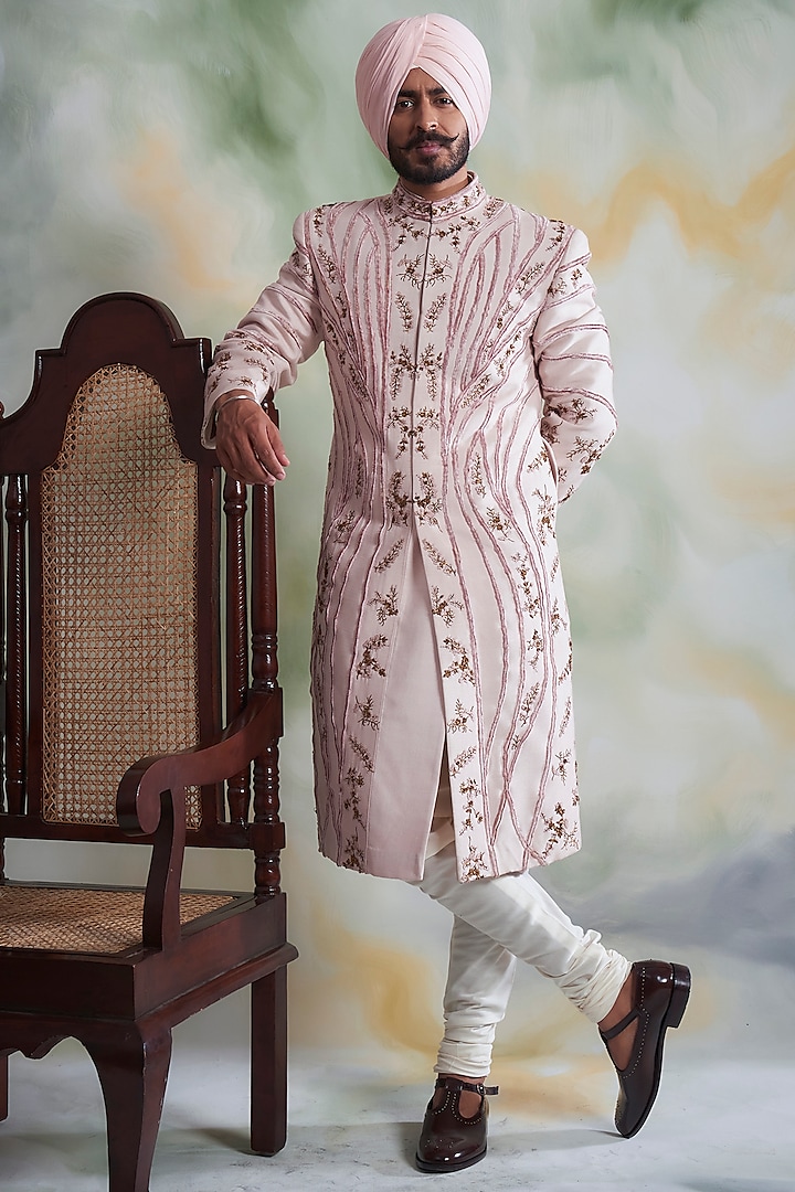 Rose Pink Embroidered Sherwani Set by Gargee Designers