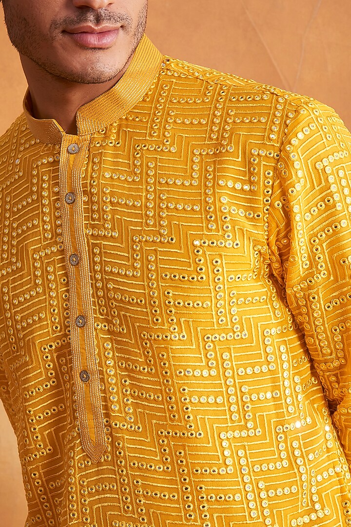 Dandelion Yellow Georgette Mirror Embroidered Kurta Set by Gargee Designers at Pernia's Pop Up Shop