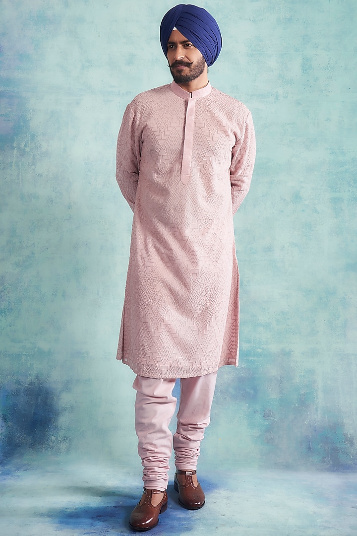 Powder Pink Machine Embroidered Kurta Set by Gargee Designers