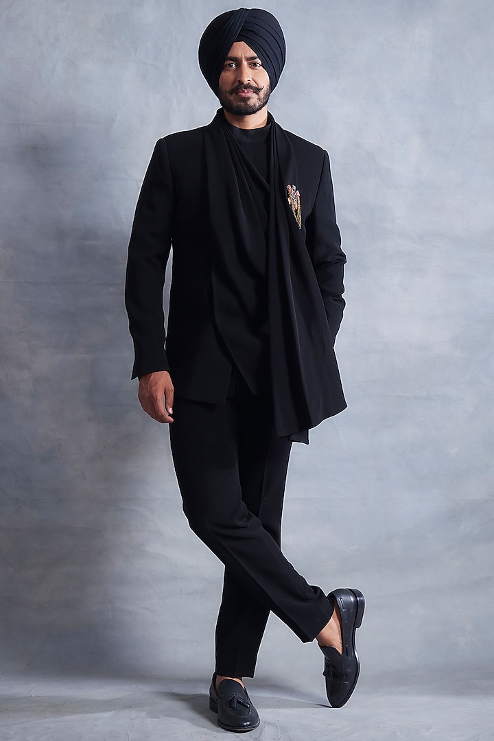 Black Poly Viscose Bandhgala Jacket Set by Gargee Designers