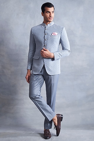 Grey Poly Viscose Bandhgala Jacket Set by Gargee Designers