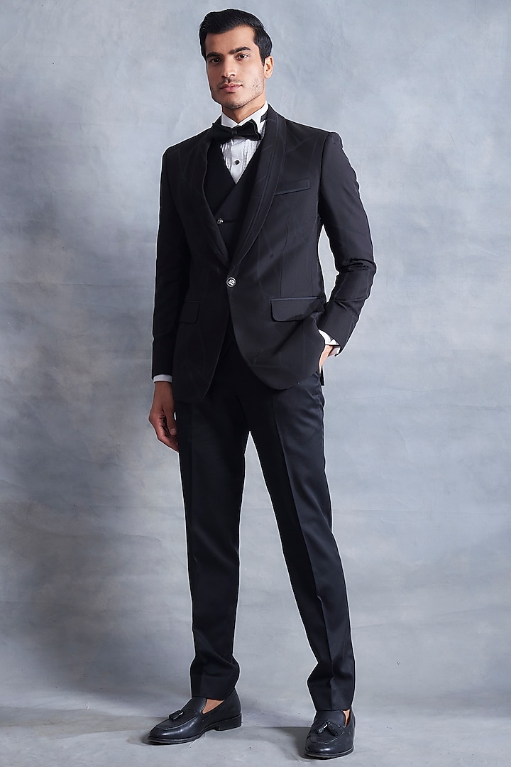 Black Poly Viscose Tuxedo Set by Gargee Designers